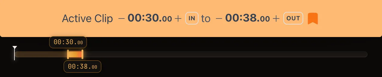 LoopingTube loop controls: the active clip runs from 00:30.00 (IN) to 00:38.00 (OUT), with draggable handles and exact times on the timeline.