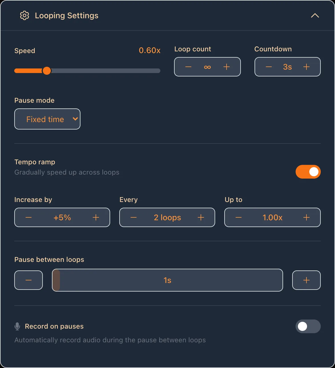 LoopingTube looping settings with speed set to 0.60x and the tempo ramp turned on: increase by +5% every 2 loops, up to 1.00x.